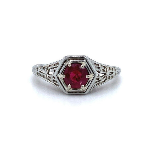 18k White Gold Art Deco .50ct Genuine Natural Ruby Filigree Ring (#J5630)