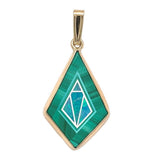 14k Yellow Gold Genuine Malachite Opal Turquoise Inlay Intarsia Pendant (#J7436)