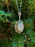 14k White Gold Deco Genuine Natural Opal Filigree Pendant Necklace (#J5701)