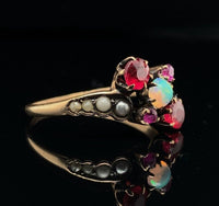 10k Gold Opal, Synthetic Lab-Created Ruby/Paste, and Pearl Victorian Ring #J6290