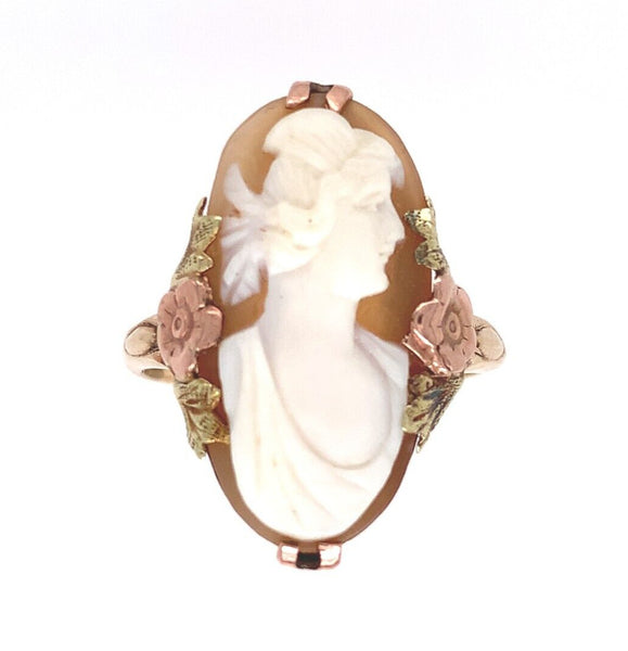 10k Tricolor Gold Genuine Natural Shell Cameo Ring with Flowers Size 8 (#J6300)