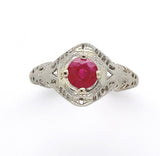 Art Deco 14k Gold Filigree Ring with .66ct Round Genuine Natural Ruby (#J6401)