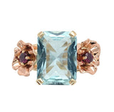 Retro 14k Rose Yellow Gold 4.52 Carat Genuine Aquamarine Ruby Flower Ring #J7003