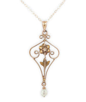 10k Gold Diamond Lavaliere Pendant w/Enamel Leaves Pearl Drop 14k Chain (#J6972)