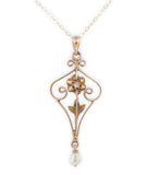 10k Gold Diamond Lavaliere Pendant w/Enamel Leaves Pearl Drop 14k Chain (#J6972)