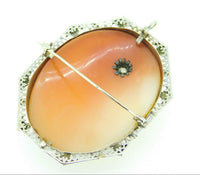 Art Deco 14k Gold Genuine Natural Shell Cameo and Diamond Filigree Pin (#J1895)