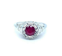 18k White Gold Art Deco Filigree .46ct Genuine Natural Ruby Ring (#J5265)