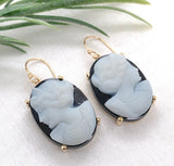 14k Yellow Gold Banded Black and White Genuine Agate Stone Cameo Earrings #J7456