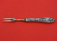 German .800 Silver Fruit Fork Gold Washed Plated Tines HH Lily Motif 5 1/4"