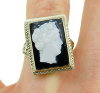 14k White Gold Filigree Genuine Natural Hard Stone Agate Cameo Ring (#J4694)