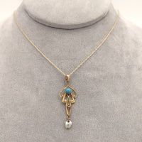 10k Gold Lavaliere Pendant with Freshwater Pearl Drop Turquoise Glass (#J6689)