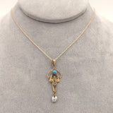 10k Gold Lavaliere Pendant with Freshwater Pearl Drop Turquoise Glass (#J6689)