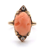 Genuine Natural Coral Cameo 10k Yellow Gold Ring with Diamond Accents (#J5977)
