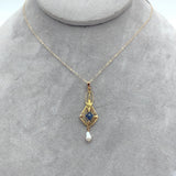 10k Yellow Gold Lavaliere with Pearl Drop and Blue Glass Accent w/Chain (#J7192)