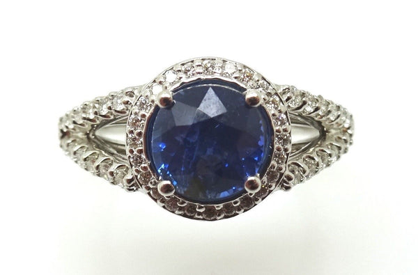 14k Gold 2 Carat Blue Genuine Natural Sapphire and Diamond Halo Ring (#J3800)