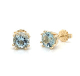14k Yellow Gold Round Genuine Natural Aquamarine Stud Earrings (#J6325)