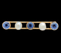 14k Yellow Gold Montana Sapphire and Pearl Bar Pin Signed Jewelry (#J7044)