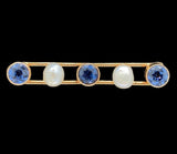 14k Yellow Gold Montana Sapphire and Pearl Bar Pin Signed Jewelry (#J7044)