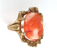 10k Yellow Gold Victorian Genuine Natural Coral Cameo Ring Size 6.5 (#J6299)