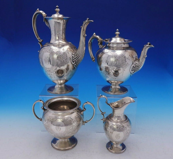 Martin Hall and Co Sterling Silver Tea Set 4pc Hand Engraved c. 1823 (#3698)