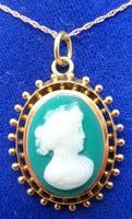 14K Gold Green Genuine Natural Cameo Pendant (#J3372)
