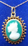 14K Gold Green Genuine Natural Cameo Pendant (#J3372)