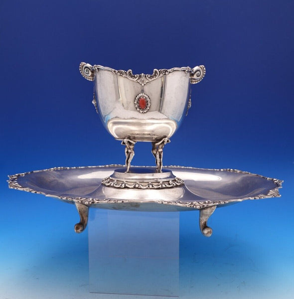 Italian .800 Silver Caviar Bowl w/Ice Tray Figural 3-D Giants Amber Stones #8301