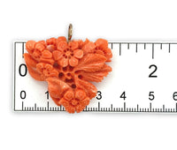 14k Gold Carved Floral Flowers Genuine Natural Orange Coral Pendant (#J7338)