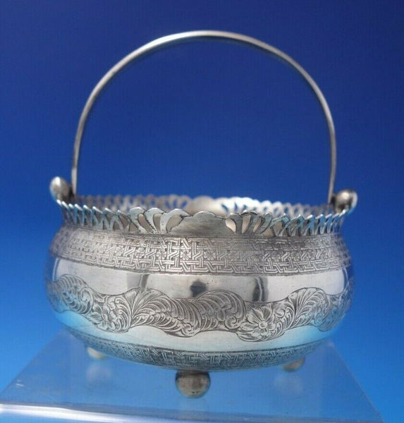 Middle Eastern Sterling Silver Bowl Basket with Swing Handle Hand Engraved #6498