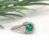 18k White Gold Filigree Art Deco .39ct Genuine Natural Emerald Ring (#J7199)