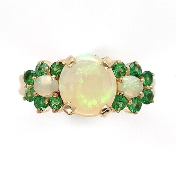 14k Yellow Gold Ring with Australian Opals and Green Tsavorite Garnets (#J6457)