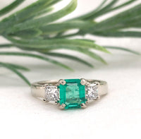 14k White Gold .90ct Columbian Genuine Emerald Diamond Ring w/Report (#J7166)