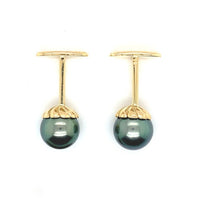 14k Yellow Gold Cufflinks with 9mm Tahitian Black Peacock Pearls (#J6426)