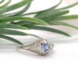 Art Deco 14k White Gold Filigree .29ct Sky Blue Genuine Sapphire Ring (#J7472)