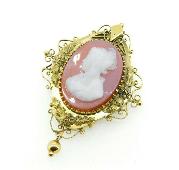 Large 14k Yellow Gold Victorian Genuine Natural Stone Cameo Pin Pendant (#J4339)