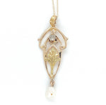 10k Yellow Gold Diamond Lavaliere Pendant w/ Leaf Motif and Pearl Drop (#J6440)