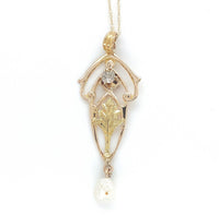 10k Yellow Gold Diamond Lavaliere Pendant w/ Leaf Motif and Pearl Drop (#J6440)