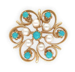 14k Yellow Gold Turquoise and Pearl Flower Brooch Pin 1 1/8" Jewelry (#J6694)