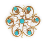 14k Yellow Gold Turquoise and Pearl Flower Brooch Pin 1 1/8" Jewelry (#J6694)