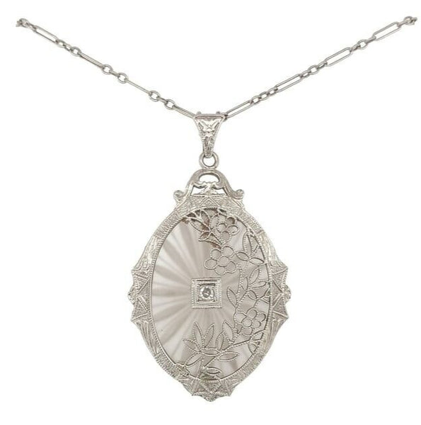 14k Gold Genuine Rock Crystal Quartz Diamond Pendant w/ Filigree Overlay #J6656