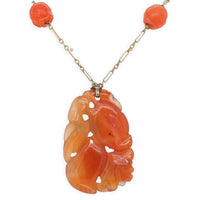 14k Yellow Gold Chinese Export Carved Art Deco Genuine Carnelian Pendant #J7097