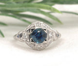 Art Deco Platinum 1.04 Carat Genuine Sapphire and Diamond Filigree Ring (#J7179)