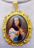 18k Hand Painted Portrait Pin / Pendant with Genuine Natural Diamonds (#J3419)