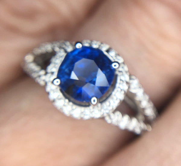 14k Gold 2 Carat Blue Genuine Natural Sapphire and Diamond Halo Ring (#J3800)