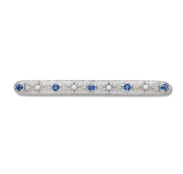 14k White Gold Filigree Pin with GIA Montana Sapphires and Seed Pearls (#J6596)