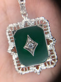 10k Gold Art Deco Genuine Natural Green Onyx Diamond Filigree Pendant (#J5315)