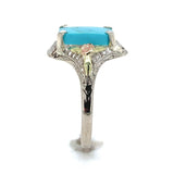 10k Gold Genuine Natural Turquoise Ring w/ Rose and Green Gold Flowers (#J6565)