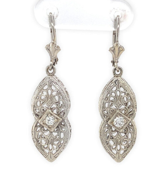 14k White Gold Genuine Natural Diamond Filigree Dangle Drop Earrings (#J7051)