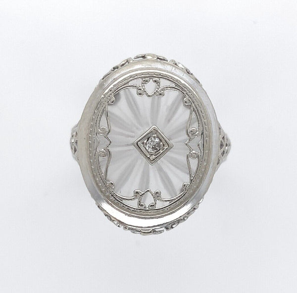 14k White Gold Genuine Natural Filigree Rock Crystal Diamond Ring (#J6206)