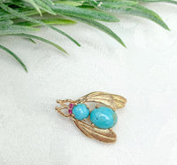 14k Yellow Gold Genuine Turquoise Bug Insect Fly Bee Pin with Ruby Eyes (#J7225)